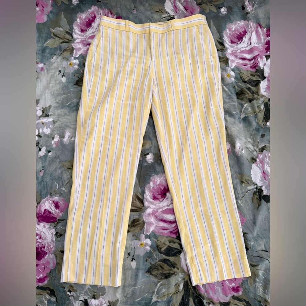 Banana Republic Avery Linen Cotton Strip Long Pants Yellow Preppy Summer